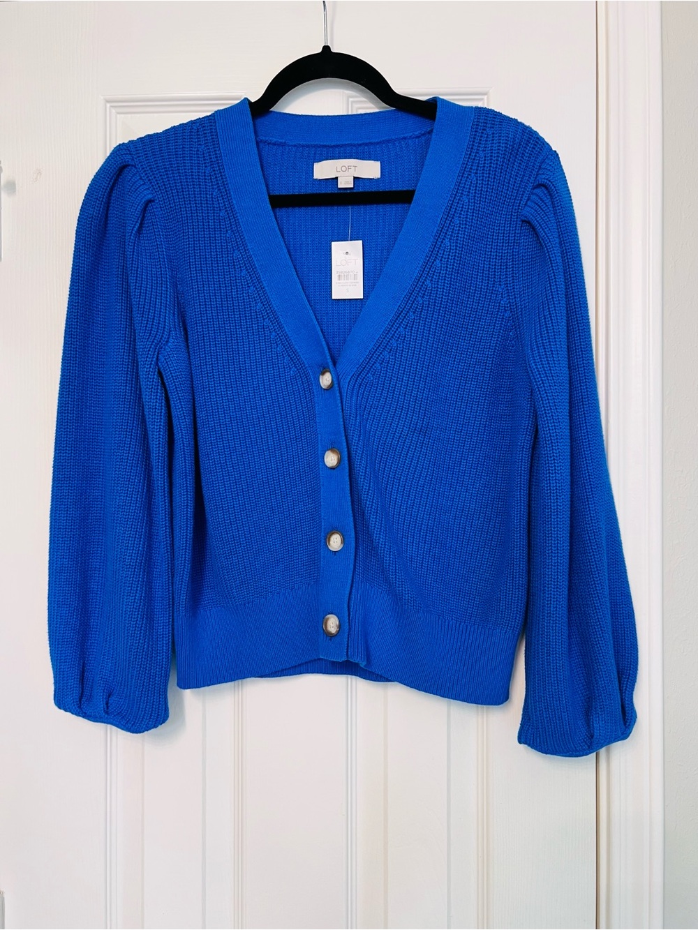 LOFT Royal Blue V-Neck Button Cardigan with Puff Sleeves